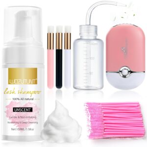 3.38 OZ Eyelash Extension Cleanser Lash Mousse Lash Shampoo for Lash Extensions, USB Mini Fan Rechargeable Electric Handheld Air Conditioning Lash Shampoo Kit Lash Brushes Cleanser Brush Wash Bottle