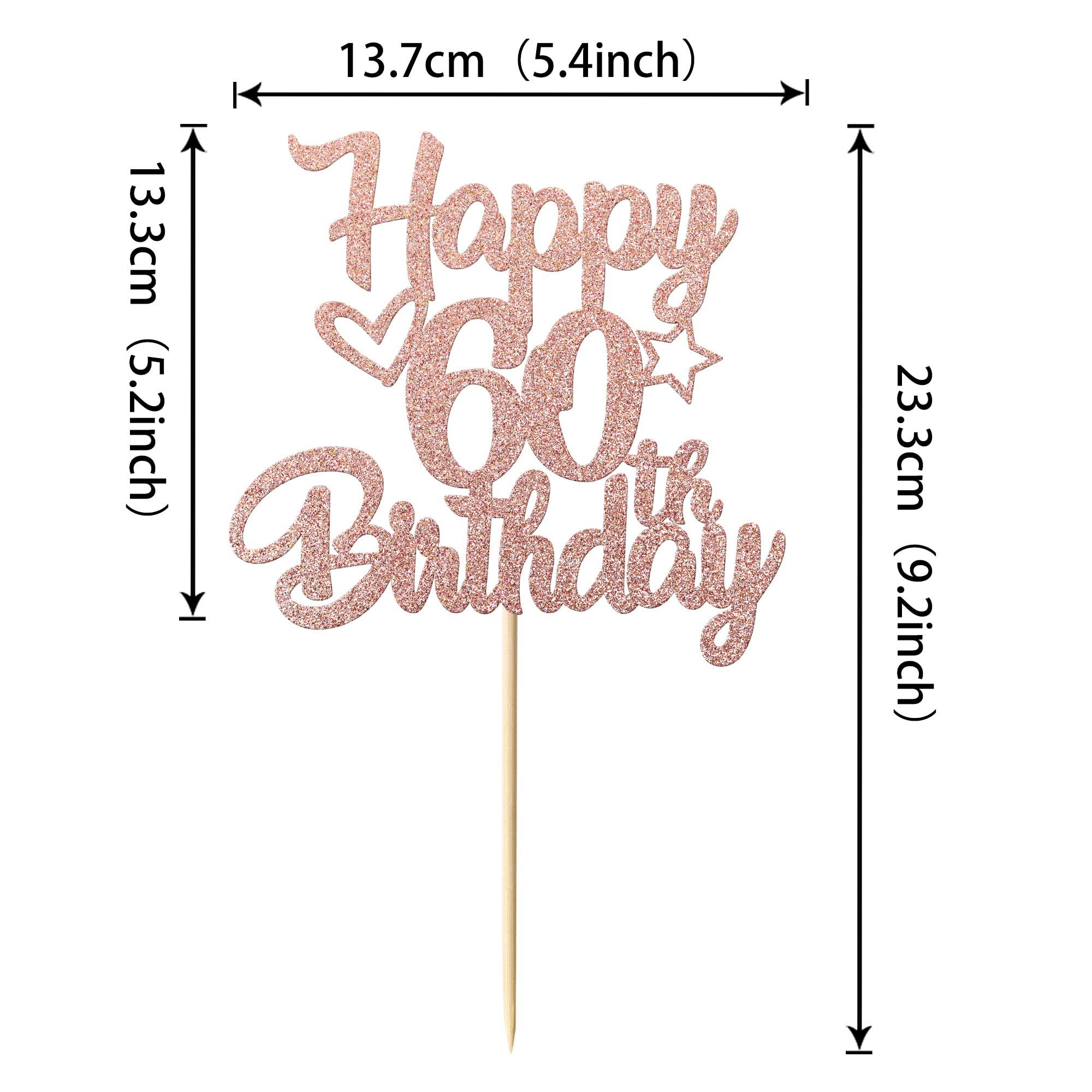 1 Pack Happy 60th Birthday Cake Topper Glitter Heart Star 60 Fabulous Cake Pick Birthday Sign Cake Decorations for Children 60th Birthday Theme Party Supplies Rose Gold