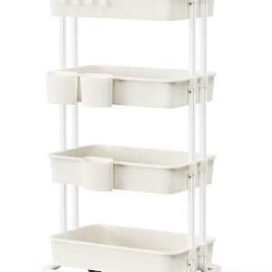 Pipishell 4-Tier Rolling Cart, Utility Cart with Lockable Casters, PP Plastic Storage Baskets, Hanging Cups & Hooks, Rolling Cart for Living Room, Bedroom, Kitchen, Bathroom, Art Studio(White)