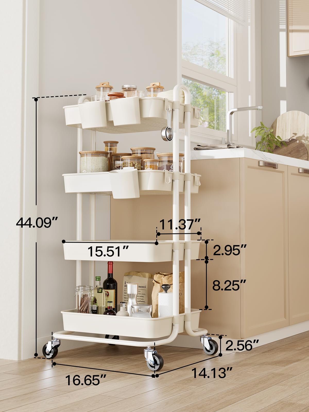 Pipishell 4-Tier Rolling Cart, Utility Cart with Lockable Casters, PP Plastic Storage Baskets, Hanging Cups & Hooks, Rolling Cart for Living Room, Bedroom, Kitchen, Bathroom, Art Studio(White)