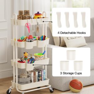 Pipishell 4-Tier Rolling Cart, Utility Cart with Lockable Casters, PP Plastic Storage Baskets, Hanging Cups & Hooks, Rolling Cart for Living Room, Bedroom, Kitchen, Bathroom, Art Studio(White)