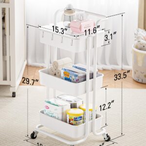 Pipishell 3 Tier Rolling Cart with Table Top, Utility Cart with Wheels & 4 Hooks, Rolling Storage Cart for Home Storage and Organization, White, PIUC09W