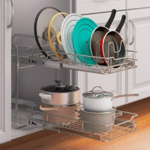 boivshi pull out cabinet organizer, 2 tier cabinet pull out shelves (12" w x 19" d) slide out cabinet organizer for kitchen, bathroom, pantry, chrome