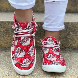 Women's Christmas Shoes Lace Up Fashion Sneakers Low Top Canvas Shoes Snowman Print Lightweight Walking Shoes Red