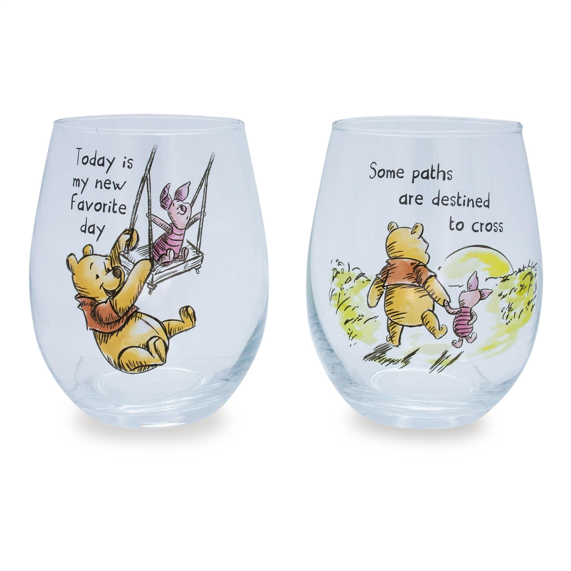 Disney Winnie The Pooh Quotes Teardrop Stemless Wine Glass Set | Tumbler Cup For Mimosas, Cocktails | Each Holds 20 Ounces