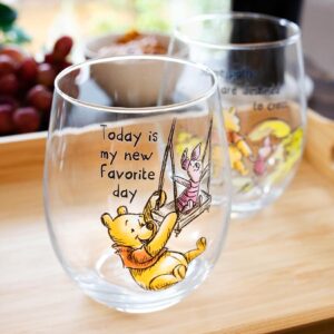 Disney Winnie The Pooh Quotes Teardrop Stemless Wine Glass Set | Tumbler Cup For Mimosas, Cocktails | Each Holds 20 Ounces