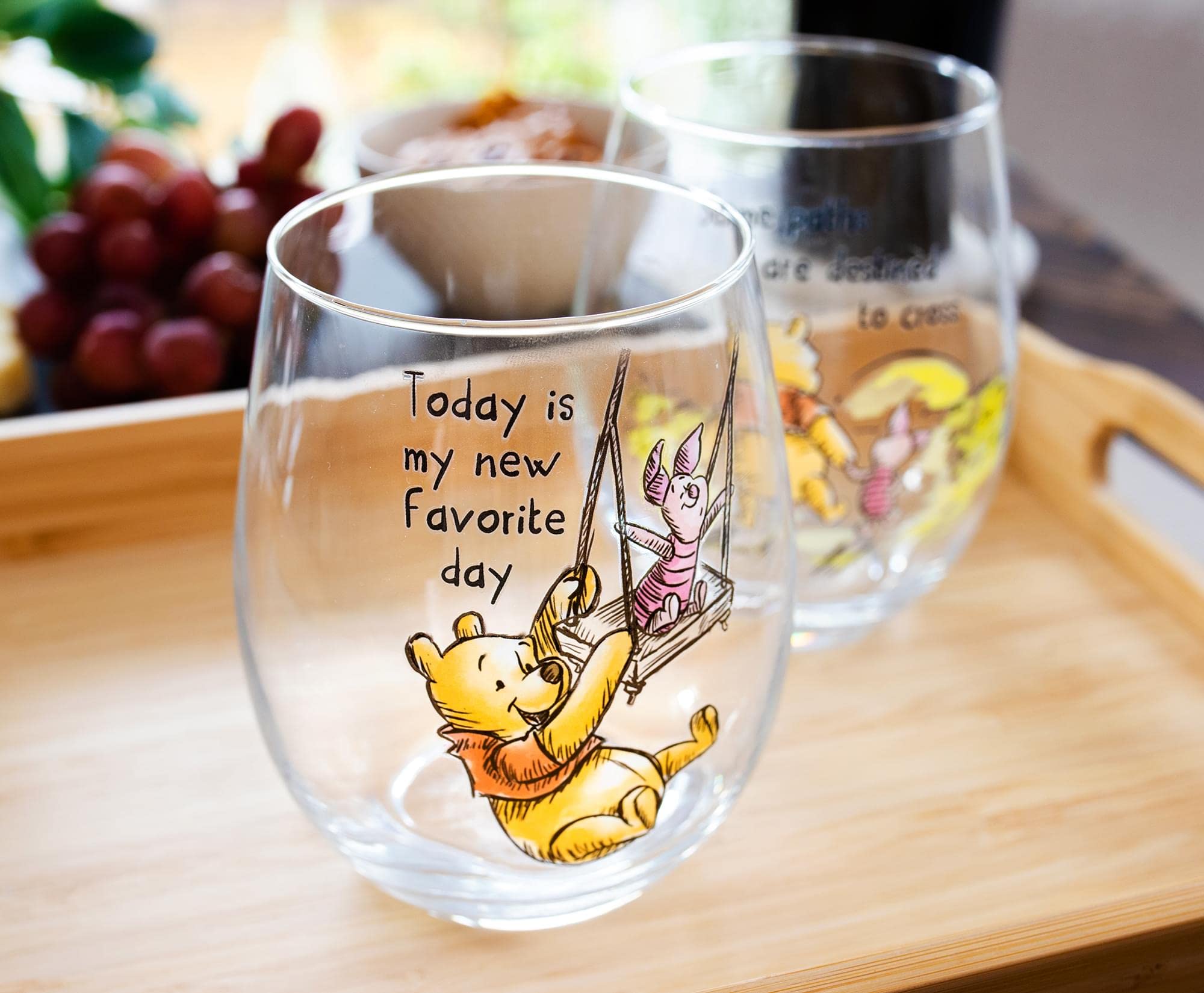 Disney Winnie The Pooh Quotes Teardrop Stemless Wine Glass Set | Tumbler Cup For Mimosas, Cocktails | Each Holds 20 Ounces