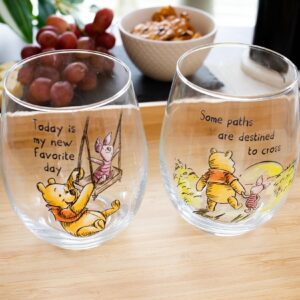 Disney Winnie The Pooh Quotes Teardrop Stemless Wine Glass Set | Tumbler Cup For Mimosas, Cocktails | Each Holds 20 Ounces