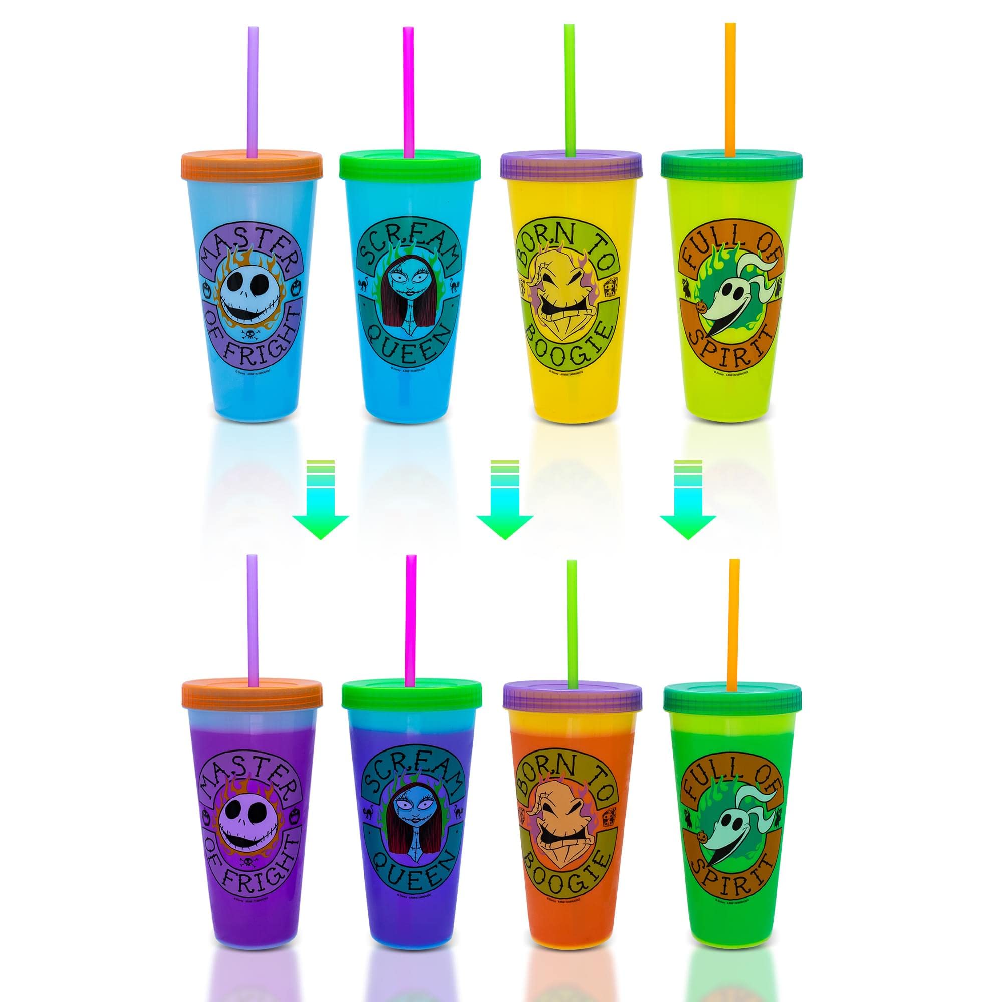 Disney The Nightmare Before Christmas Townsfolk Color-Changing Plastic Tumbler Cups, Set of 4 | Include Reusable Straw and Leak-Resistant Lid