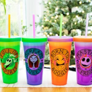 Disney The Nightmare Before Christmas Townsfolk Color-Changing Plastic Tumbler Cups, Set of 4 | Include Reusable Straw and Leak-Resistant Lid