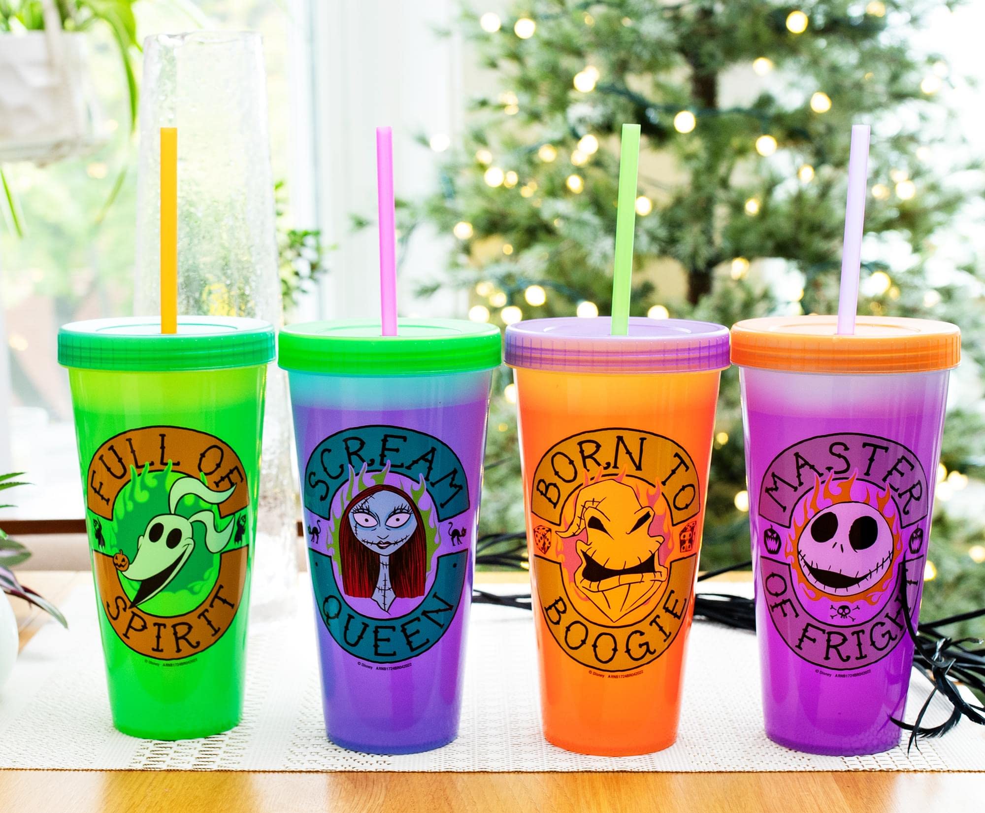 Disney The Nightmare Before Christmas Townsfolk Color-Changing Plastic Tumbler Cups, Set of 4 | Include Reusable Straw and Leak-Resistant Lid
