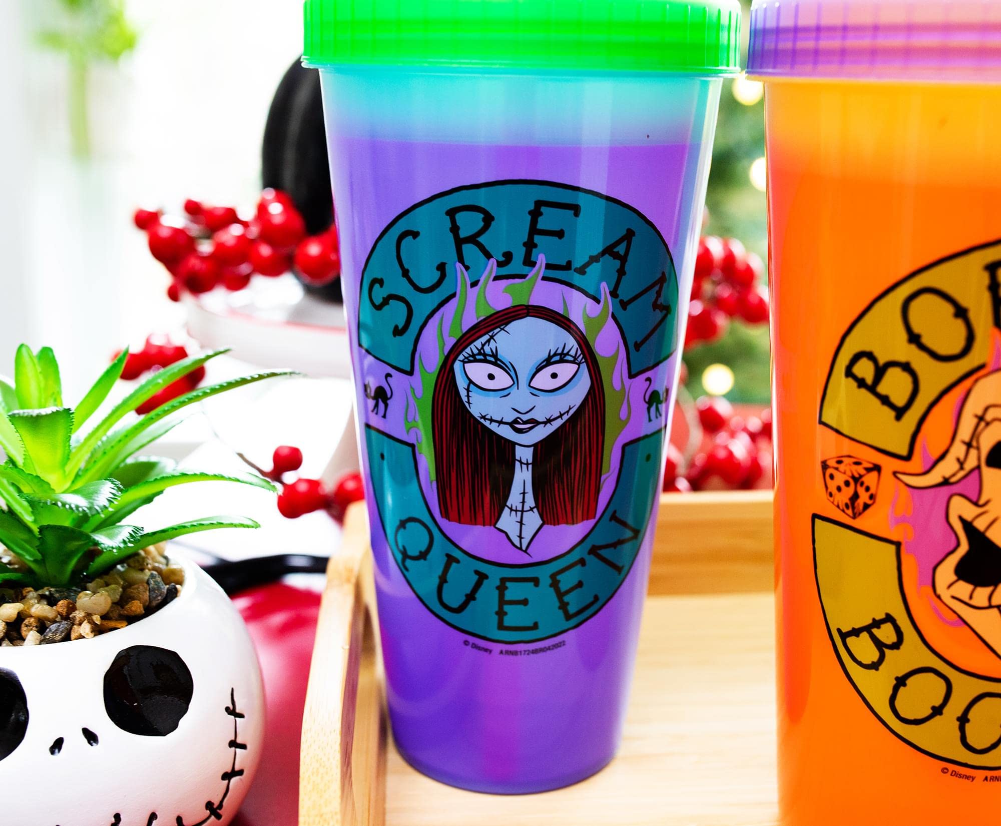 Disney The Nightmare Before Christmas Townsfolk Color-Changing Plastic Tumbler Cups, Set of 4 | Include Reusable Straw and Leak-Resistant Lid