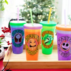 Disney The Nightmare Before Christmas Townsfolk Color-Changing Plastic Tumbler Cups, Set of 4 | Include Reusable Straw and Leak-Resistant Lid