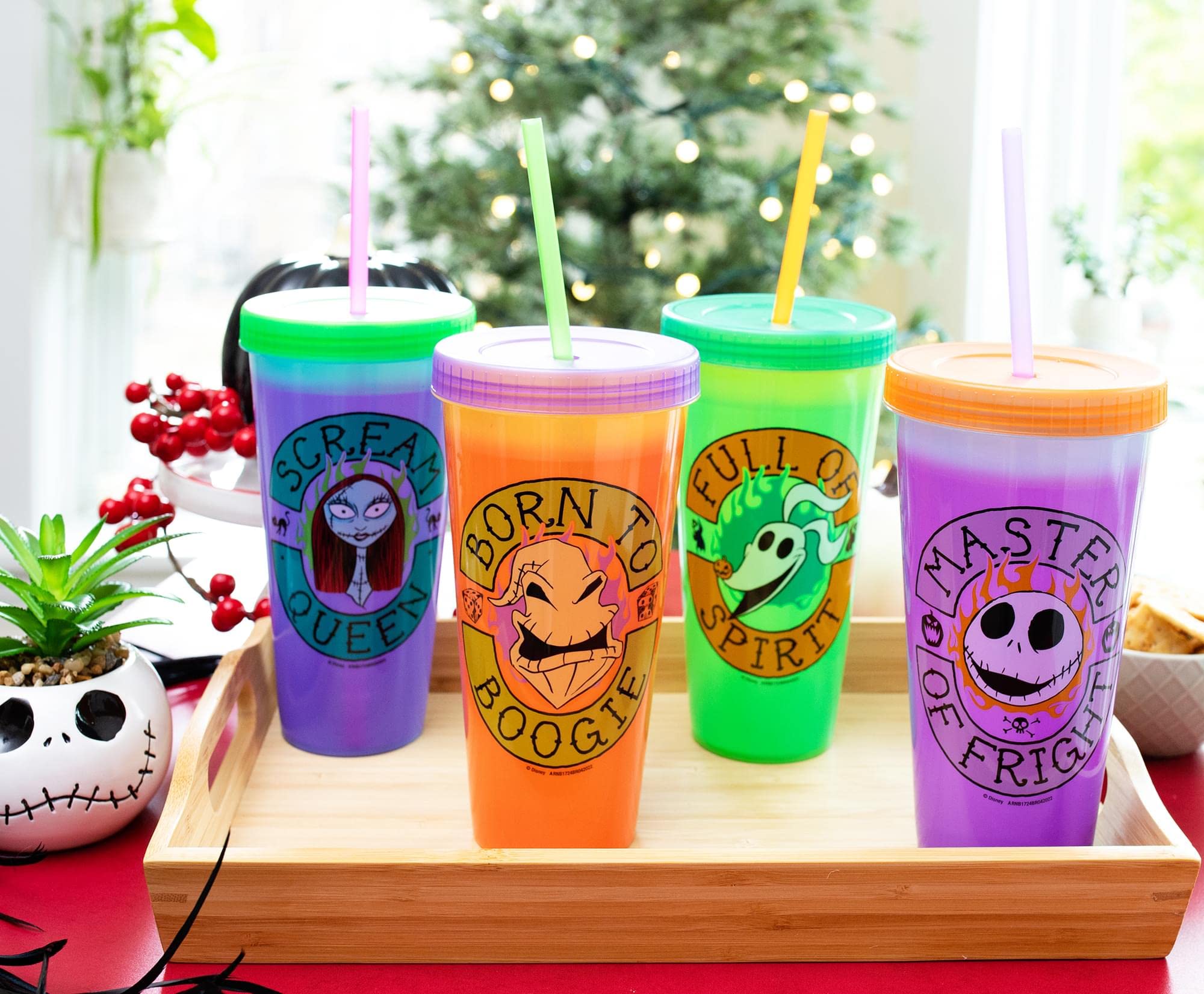 Disney The Nightmare Before Christmas Townsfolk Color-Changing Plastic Tumbler Cups, Set of 4 | Include Reusable Straw and Leak-Resistant Lid