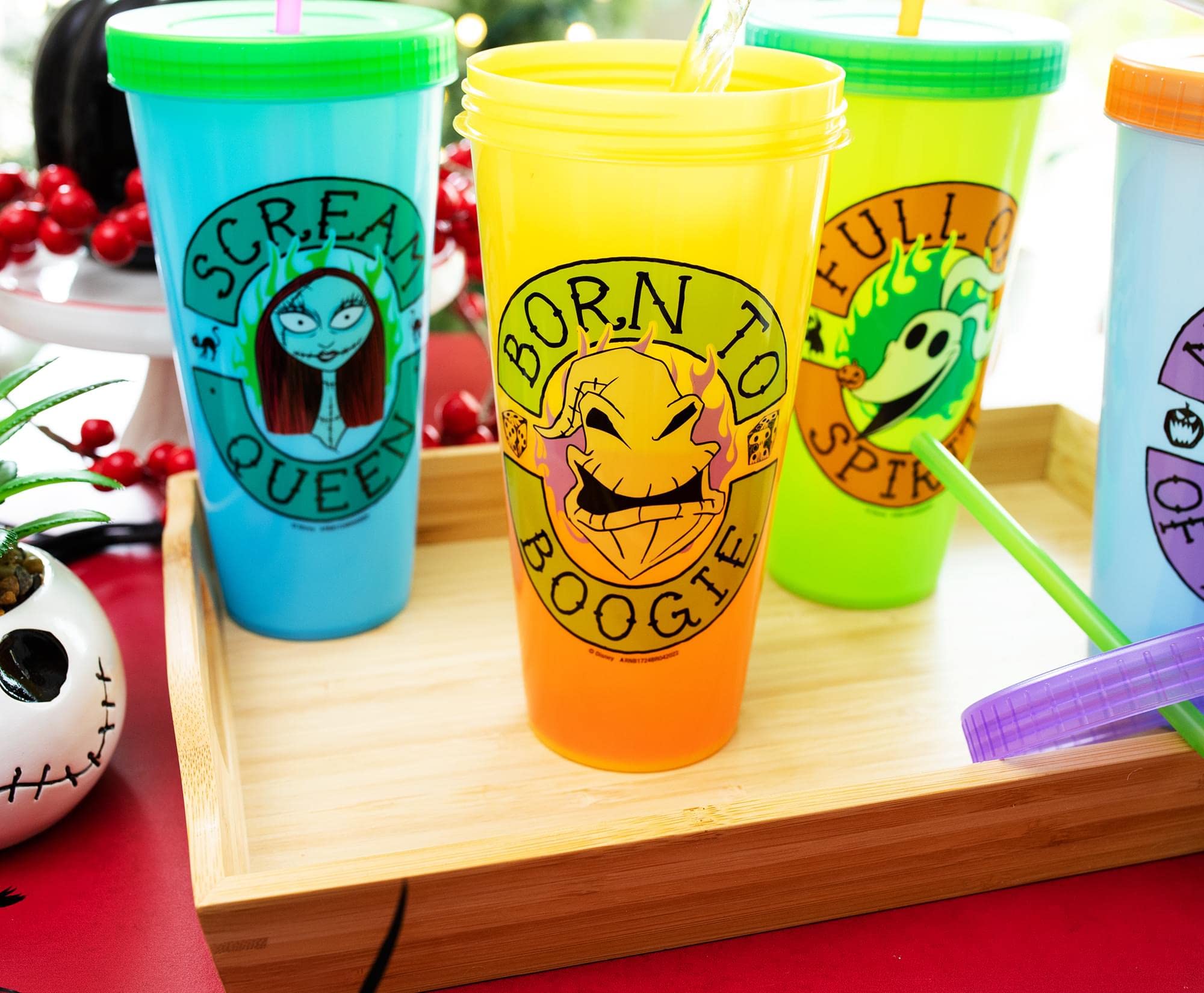 Disney The Nightmare Before Christmas Townsfolk Color-Changing Plastic Tumbler Cups, Set of 4 | Include Reusable Straw and Leak-Resistant Lid