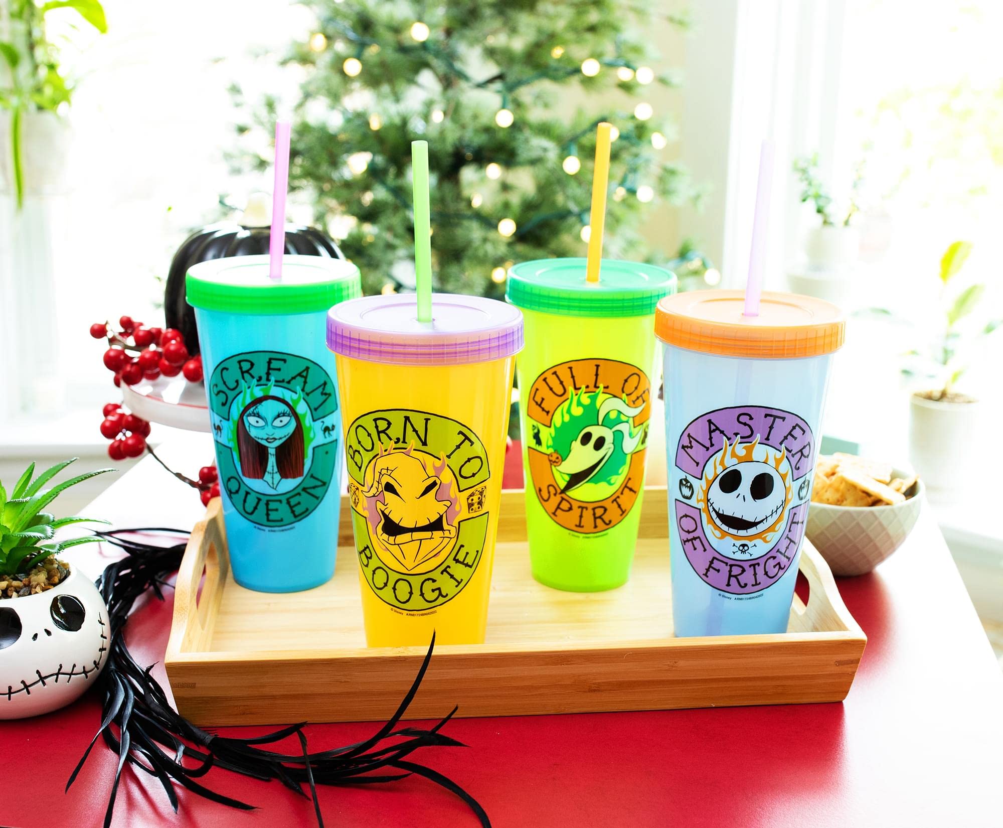 Disney The Nightmare Before Christmas Townsfolk Color-Changing Plastic Tumbler Cups, Set of 4 | Include Reusable Straw and Leak-Resistant Lid