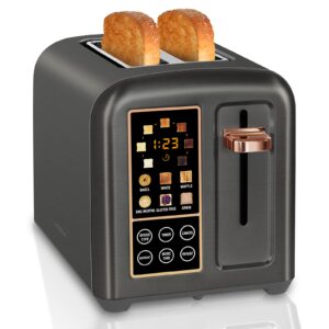 seedeem toaster 2 slice, stainless toaster lcd display&touch button, 50% faster heating speed, 1.4'' wide slots toaster, 4 basic+more timer functions, removable crumb tray, 1350w, dark metallic