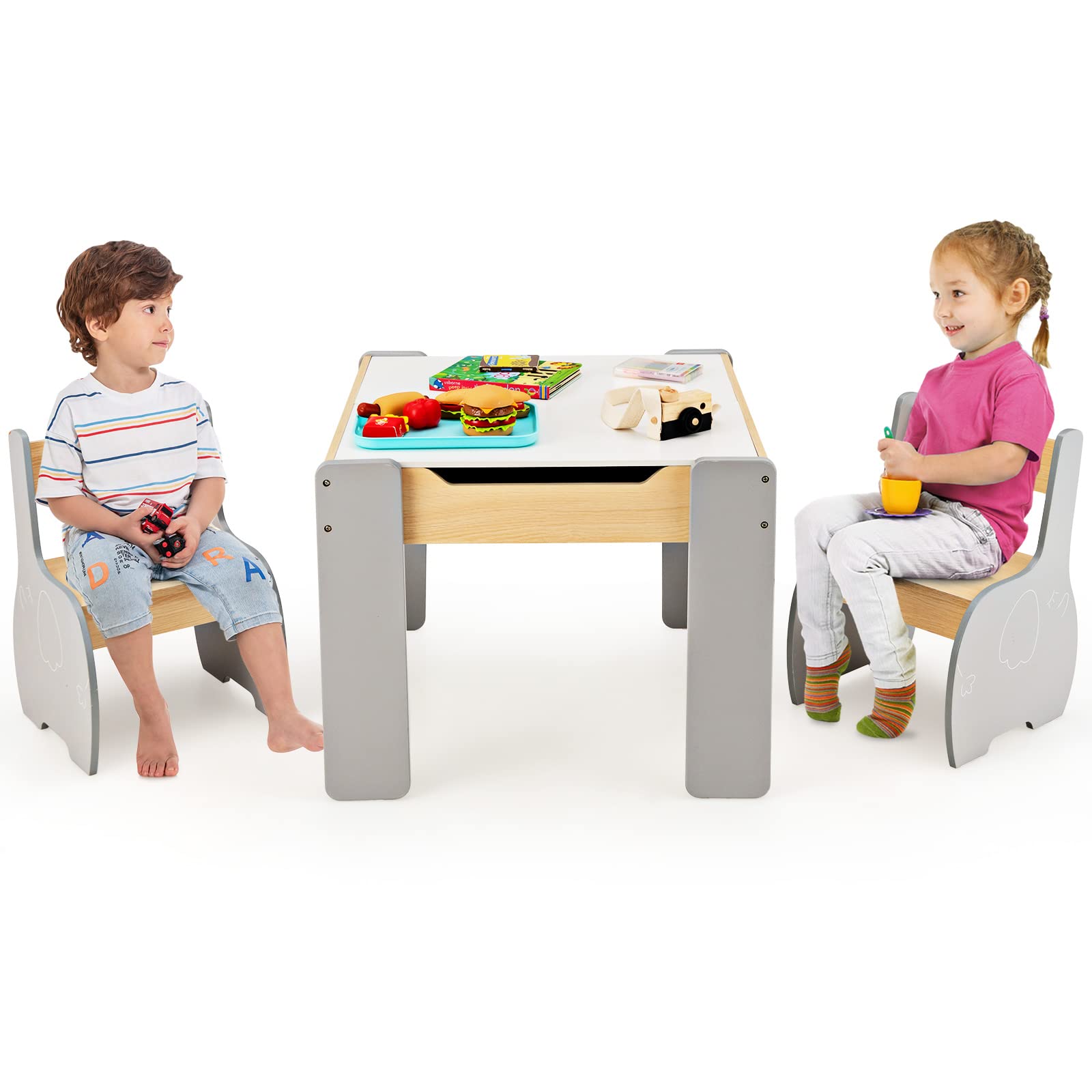 INFANS 3 in 1 Kids Table and Chair Set, Wood Multi Activity Table with Removable Tabletop Storage, Detachable Blackboard for Toddler Playing Drawing Arts Crafts,3 PCS Children Furniture