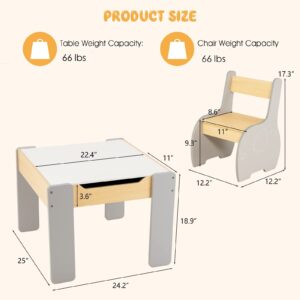 INFANS 3 in 1 Kids Table and Chair Set, Wood Multi Activity Table with Removable Tabletop Storage, Detachable Blackboard for Toddler Playing Drawing Arts Crafts,3 PCS Children Furniture