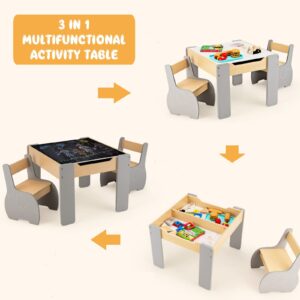 INFANS 3 in 1 Kids Table and Chair Set, Wood Multi Activity Table with Removable Tabletop Storage, Detachable Blackboard for Toddler Playing Drawing Arts Crafts,3 PCS Children Furniture