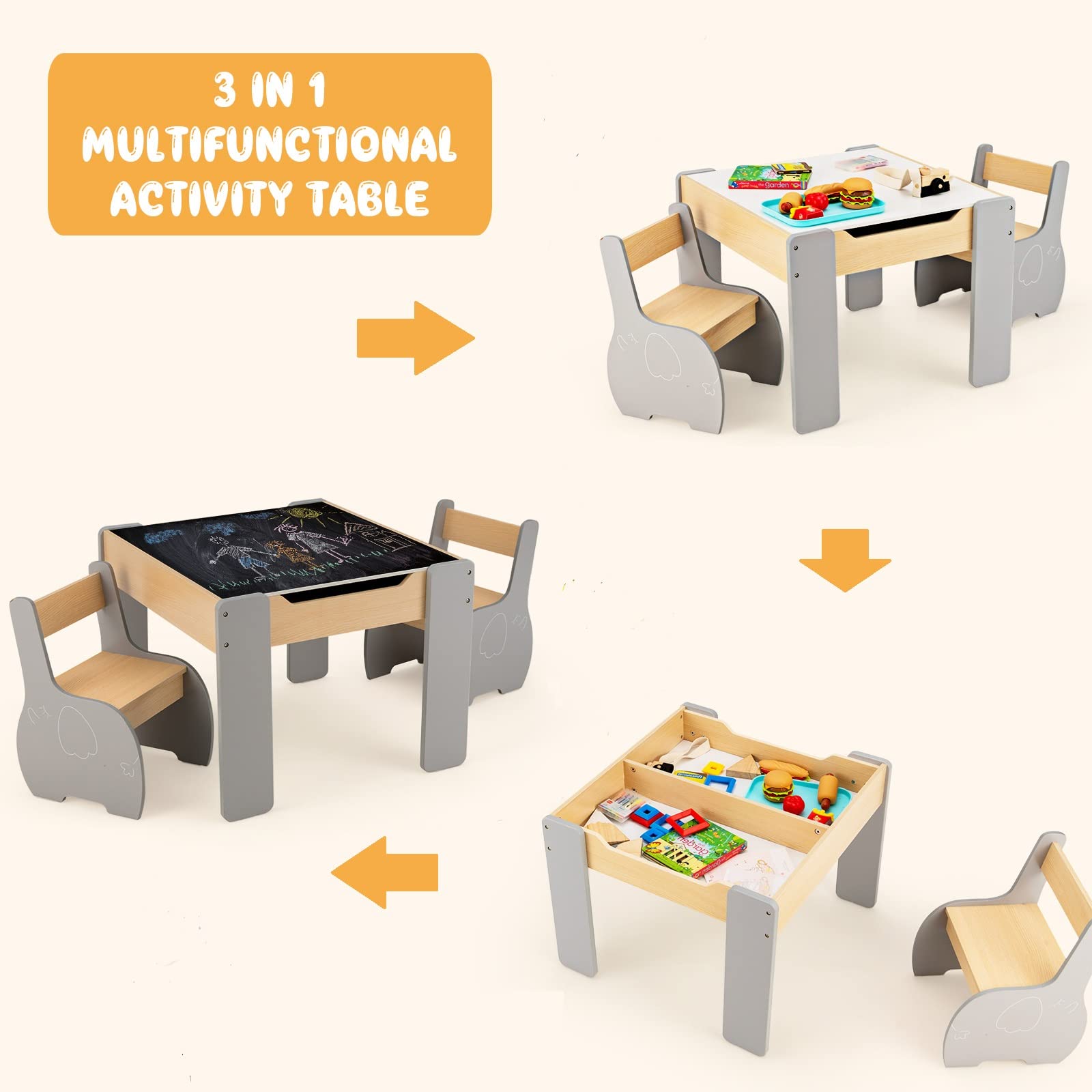 INFANS 3 in 1 Kids Table and Chair Set, Wood Multi Activity Table with Removable Tabletop Storage, Detachable Blackboard for Toddler Playing Drawing Arts Crafts,3 PCS Children Furniture