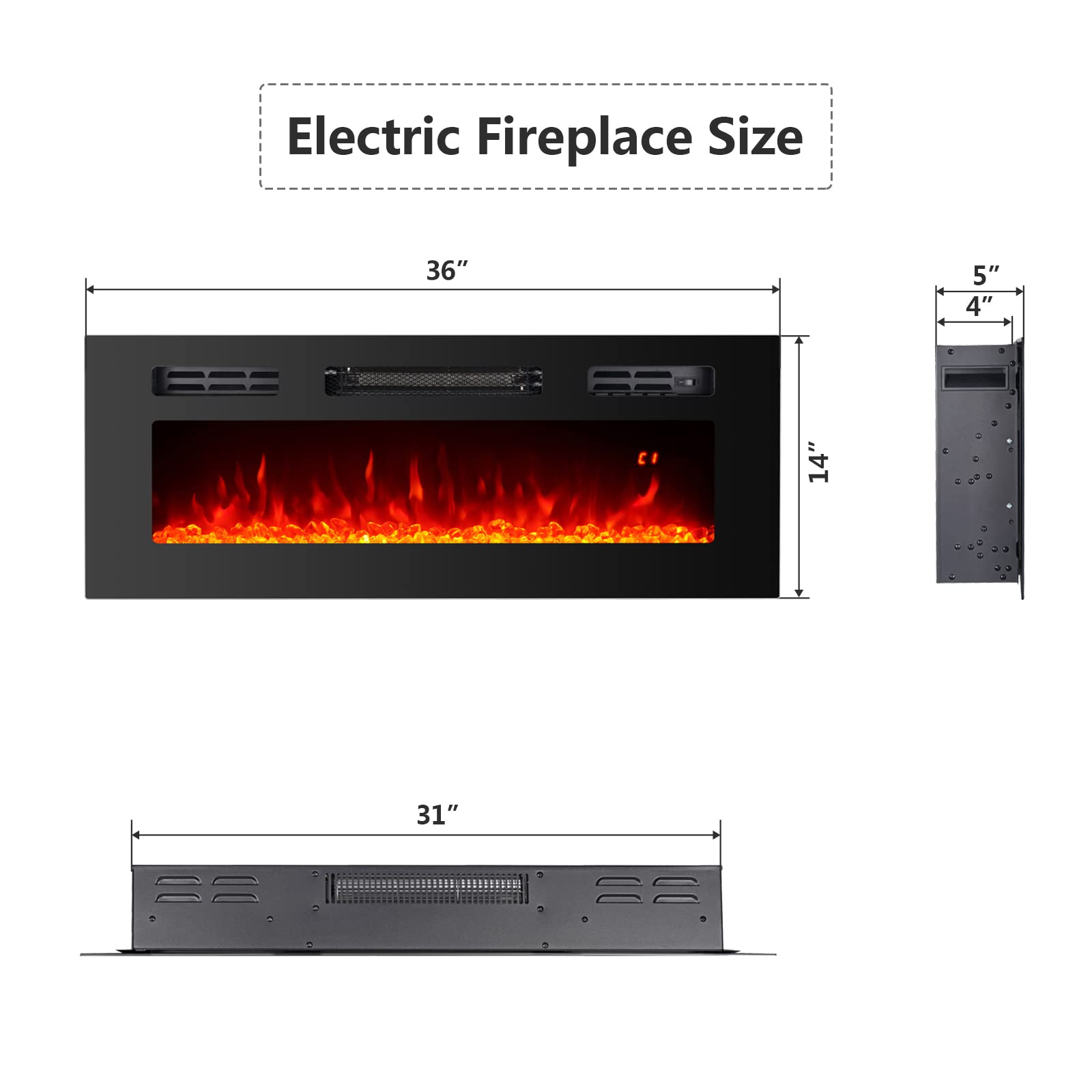 36" Electric Fireplace Insert 750/1500W Stove Heater for TV Stand with Recessed Mounted, 3 Colors Flame, 5 Levels Adjustable Flame Brightness, Timer Setting, Remote Control Fireplace Heater (Black)