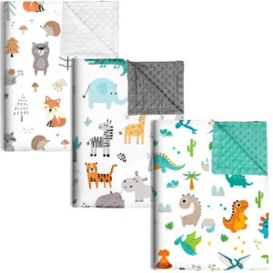 3 pack baby blanket for boys girls soft minky blanket with double dotted backing printed dinosaur woodland animal for toddler baby newborn blanket shower gifts (30 x 40 inch)