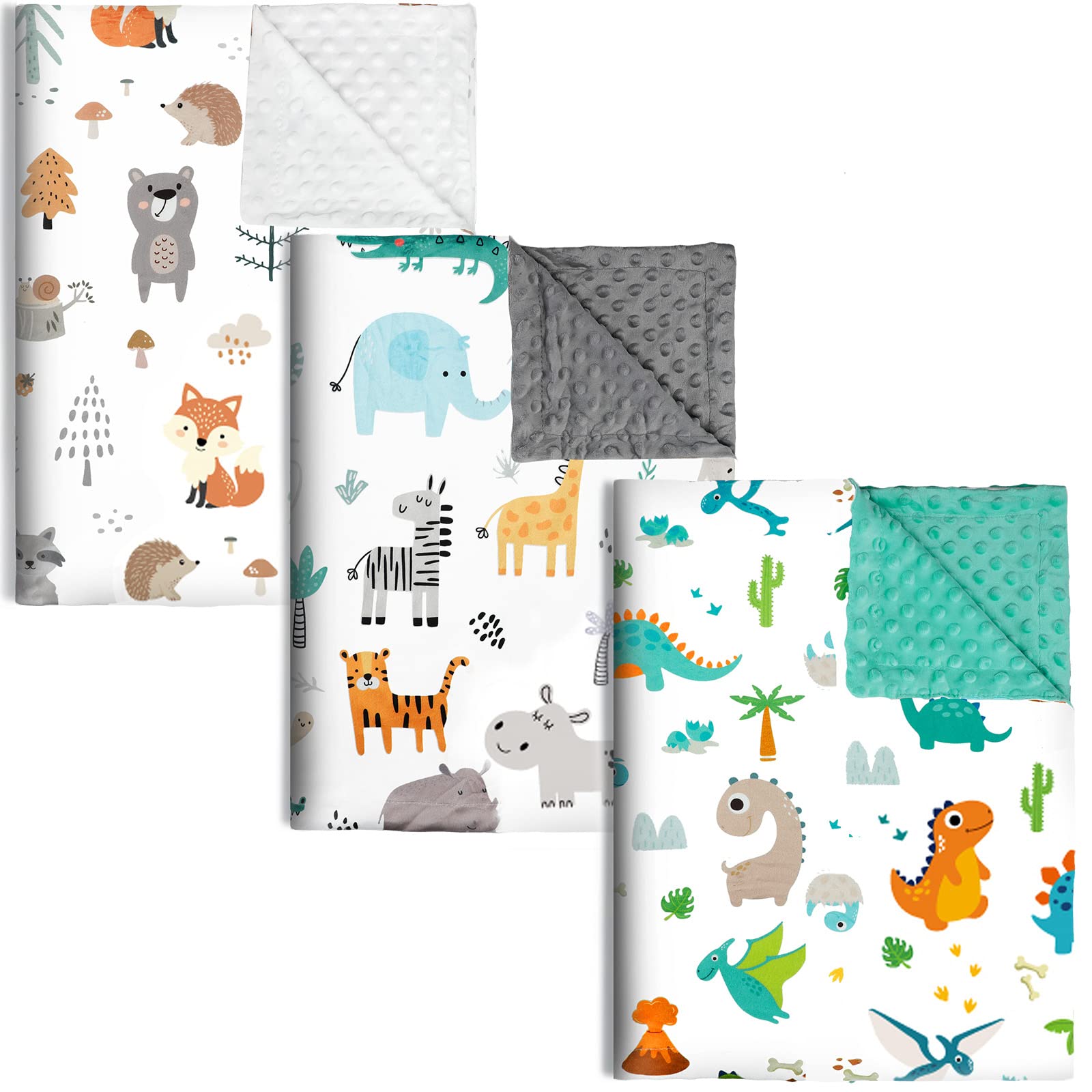 3 Pack Baby Blanket for Boys Girls Soft Minky Blanket with Double Dotted Backing Printed Dinosaur Woodland Animal for Toddler Baby Newborn Blanket Shower Gifts (30 x 40 Inch)