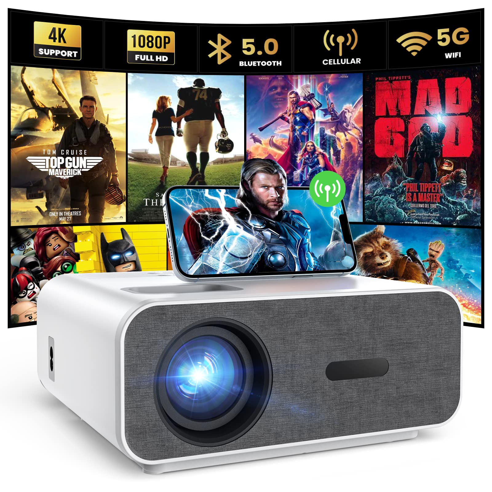 4K Support Projector with Wifi and Bluetooth, HOMPOW Mini Portable Projectors for Outdoor Home Movie, Compatible with Laptop, Smartphone, TV Stick, Xbox, PS5