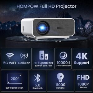 4K Support Projector with Wifi and Bluetooth, HOMPOW Mini Portable Projectors for Outdoor Home Movie, Compatible with Laptop, Smartphone, TV Stick, Xbox, PS5