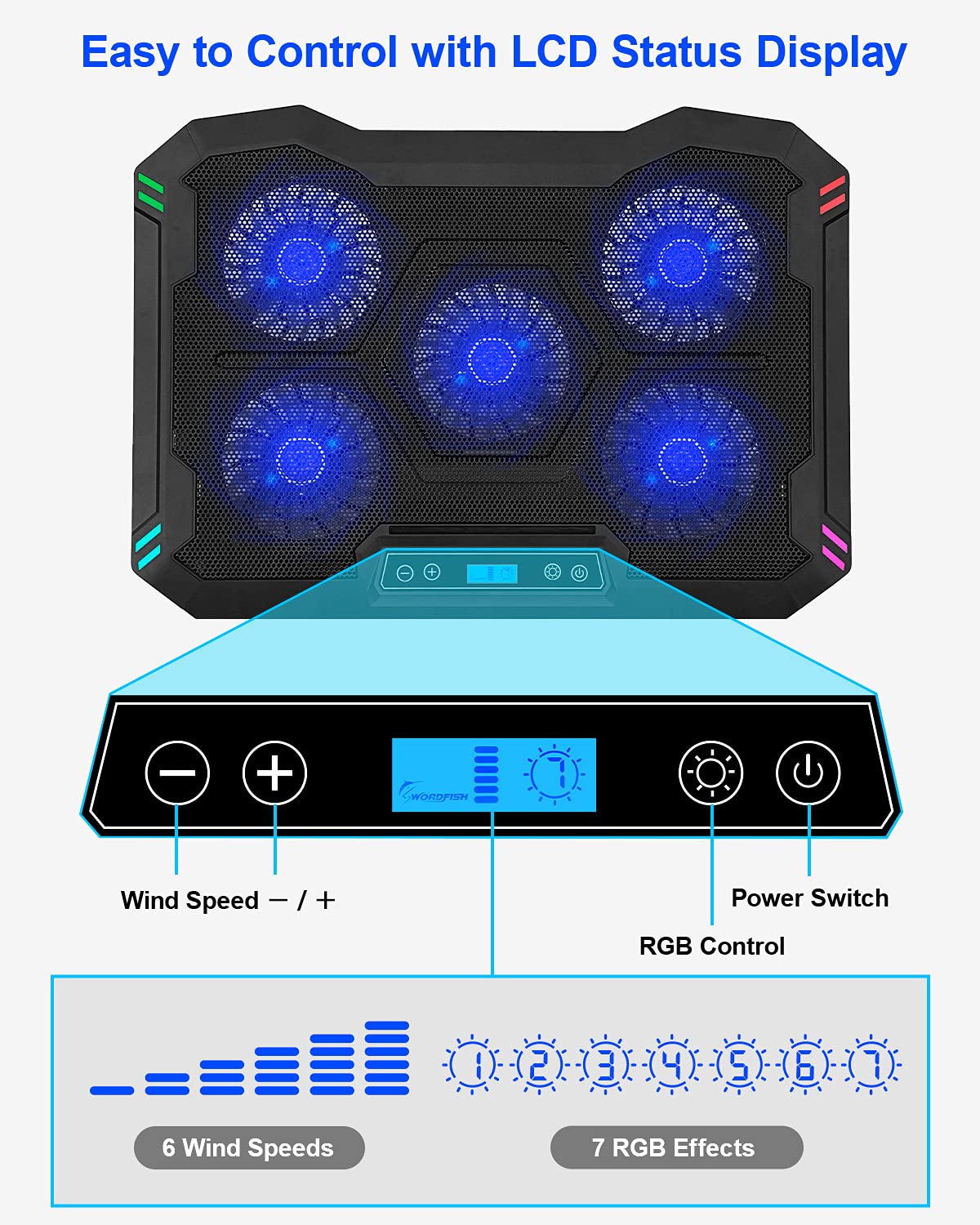 Laptop Cooling Pad with 5 Cooling Fans, Laptop Fan Cooling Pad for 14-17 Inch, Gaming Laptop Cooler Stand with 6 Height Adjustable, Notebook Cooler Pad with Two USB Port [2022 Version]