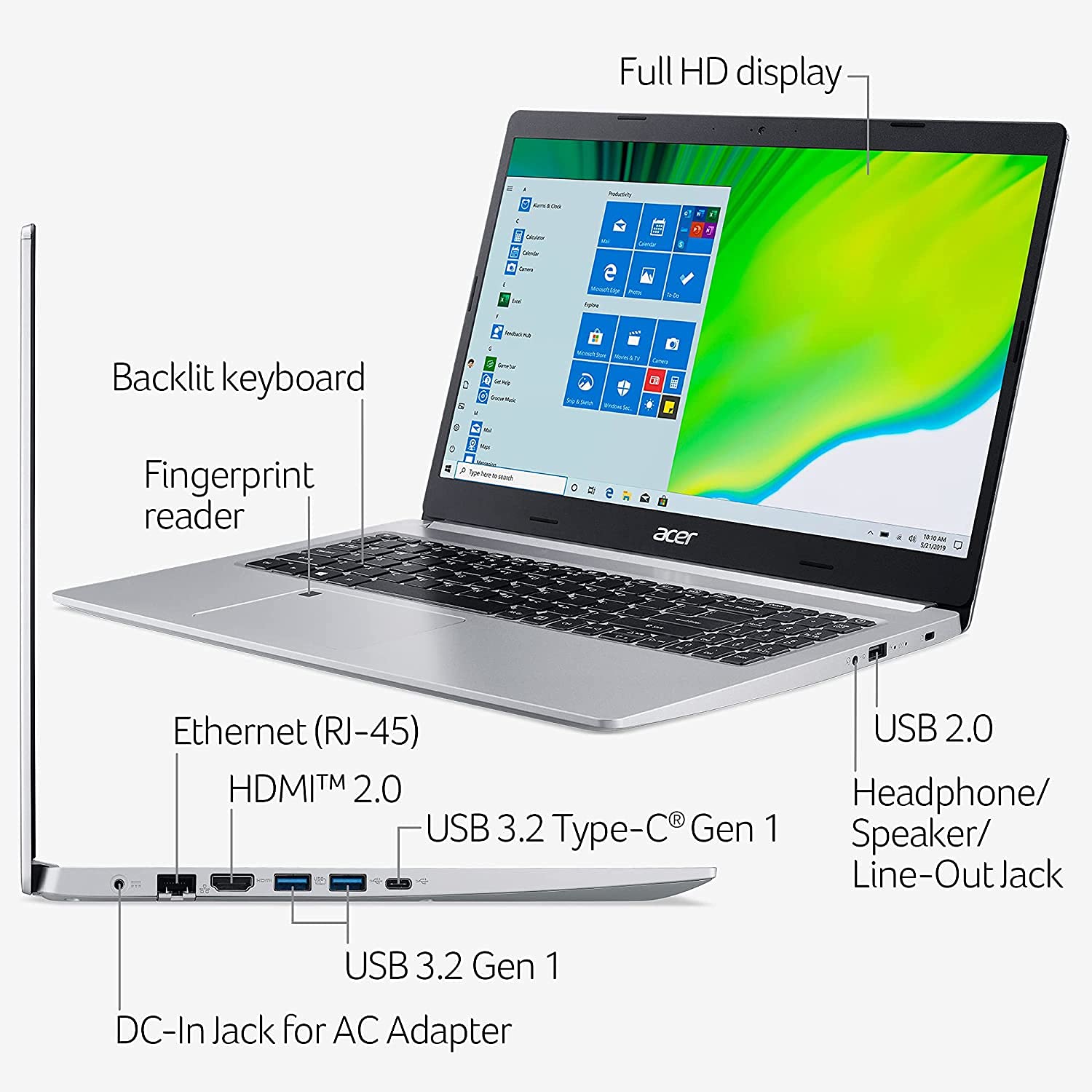 acer Aspire 5 Slim Laptop, 15.6" FHD IPS, AMD Ryzen 3 3350U Quad-Core Mobile Processor, 20GB DDR4 RAM, 512GB SSD, WiFi 6, Backlit KB, Fingerprint Reader, HDMI, Amazon Alexa, Windows 11, Silver