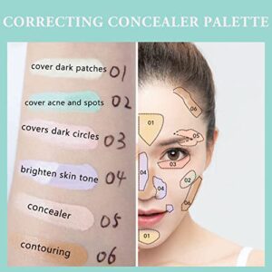 6 Colors Correcting Concealer Palette, Makeup Cream Contour Palette with Brush, Contouring Foundation Highlighting Concealer Palette for Conceals Dark Circles, Redness, Acne, Blemish