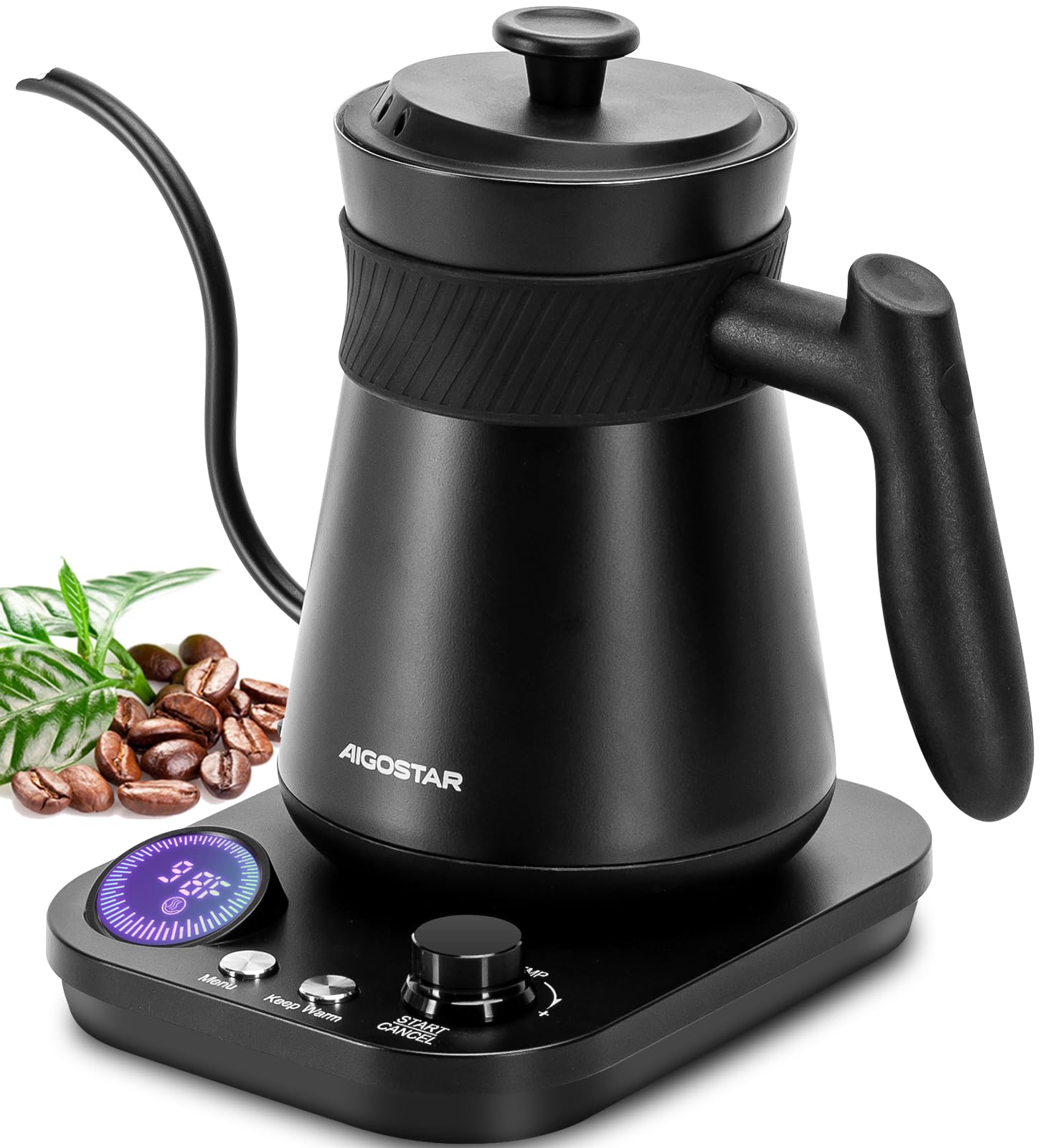 Aigostar Electric Gooseneck Kettle Temperature Control, 1200W Quick Heating Pour Over Kettle and Tea Kettle for Coffee Tea, 5 Variable Presets, Keep Warm & Stopwatch, Stainless Steel Inner, 0.8L