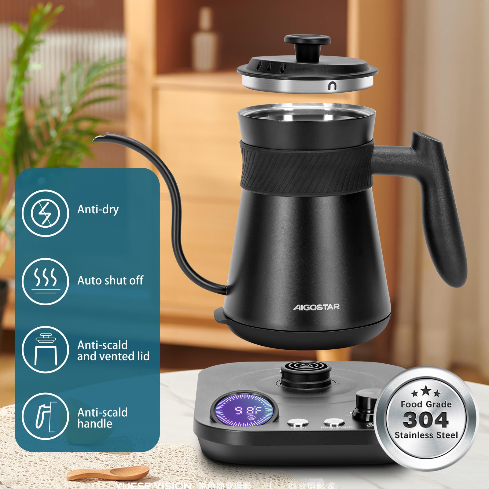 Aigostar Electric Gooseneck Kettle Temperature Control, 1200W Quick Heating Pour Over Kettle and Tea Kettle for Coffee Tea, 5 Variable Presets, Keep Warm & Stopwatch, Stainless Steel Inner, 0.8L