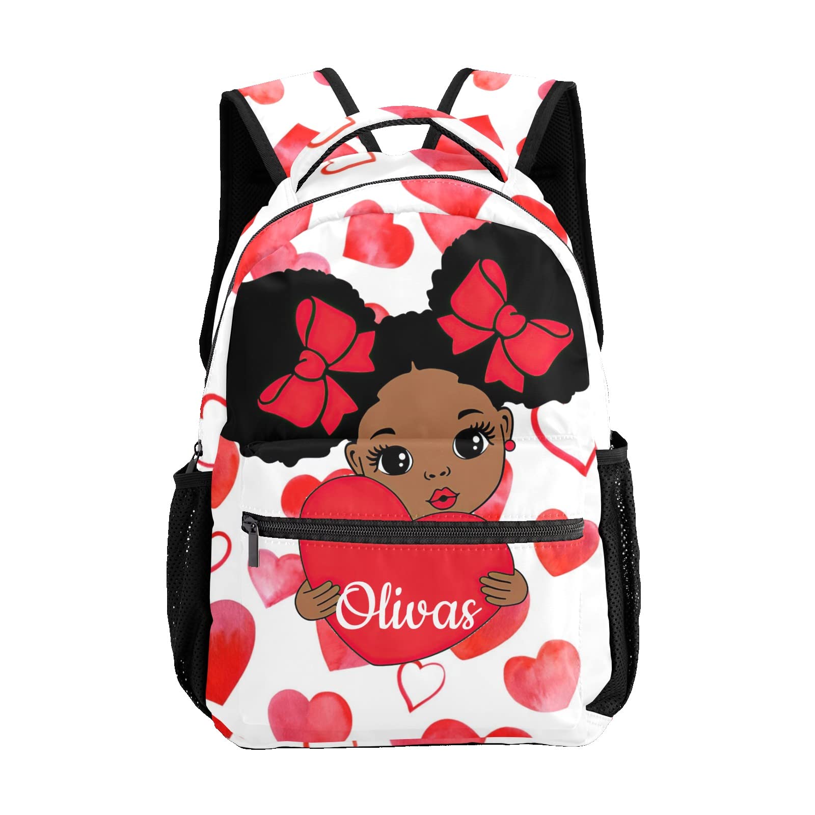 BEYODD Custom Kids Backpack, Personalized Student School Bags for Boys & Girls, Bookbags for Travel Red Hearts Black Girl