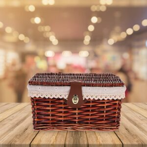 Zerodeko Rattan Storage Box Baskets with Lids Rattan Storage Baskets Rectangular Storage Bin Wicker Laundry Hamper Stair Basket Desk Organizer Baskets Seaweed Wooden Shelf Basket