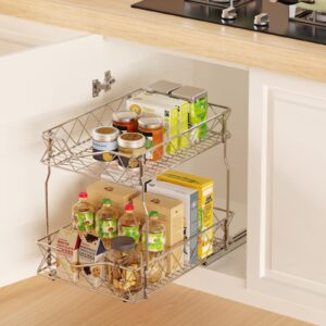 LANEJOY 2 Tier Pull Out Shelf(12 1/8" W x 16 3/8" D), Stainless Steel Slide Out Cabinet Organizer, Heavy Duty Under Sink Organization Storage for Kitchen Base Cabinet Organization