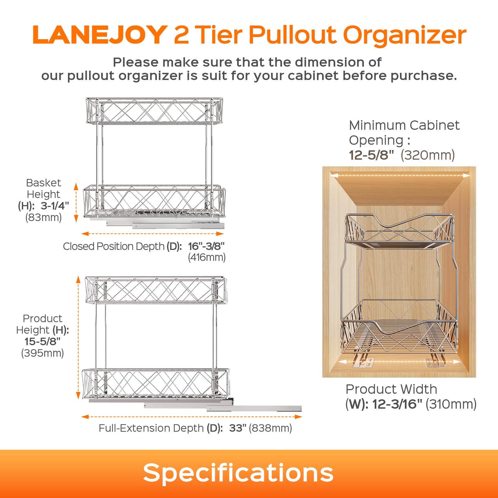 LANEJOY 2 Tier Pull Out Shelf(12 1/8" W x 16 3/8" D), Stainless Steel Slide Out Cabinet Organizer, Heavy Duty Under Sink Organization Storage for Kitchen Base Cabinet Organization