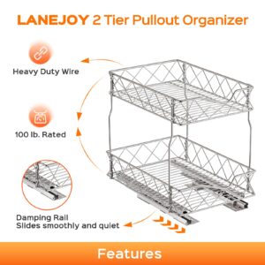 LANEJOY 2 Tier Pull Out Shelf(12 1/8" W x 16 3/8" D), Stainless Steel Slide Out Cabinet Organizer, Heavy Duty Under Sink Organization Storage for Kitchen Base Cabinet Organization