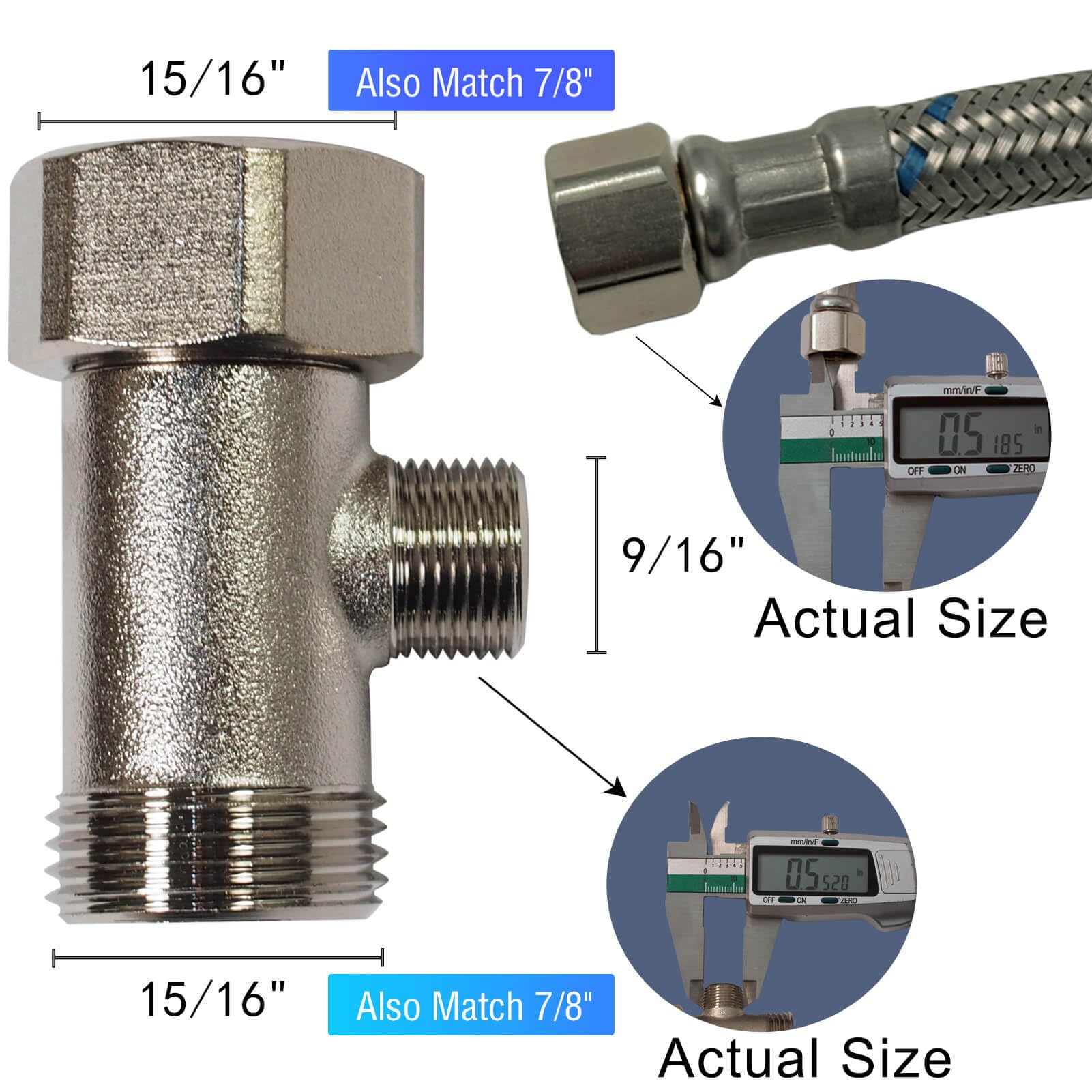 Bidet T Adapter - T Valve Adapter for Bidet, 15/16″ x 15/16″ x 9/16″ or 7/8″ x 7/8″ x 9/16″, Brass Coated Nickel, 3 Way Adapter or Tee Connector