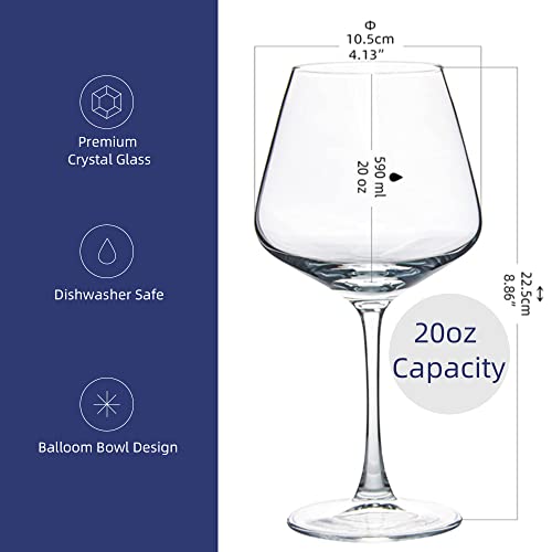 UMEIED 20 Ounce Burgundy Wine Glasses, Long Stemmed Premium Wine Glasses Set of 6, Crystal-clear