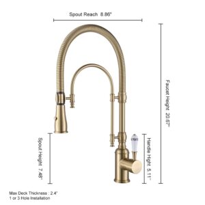 KunMai Kitchen Faucets Brushed Gold Kitchen Sink Faucet with Pull Down Sprayer High Arc Dual-Mode Kitchen Faucet