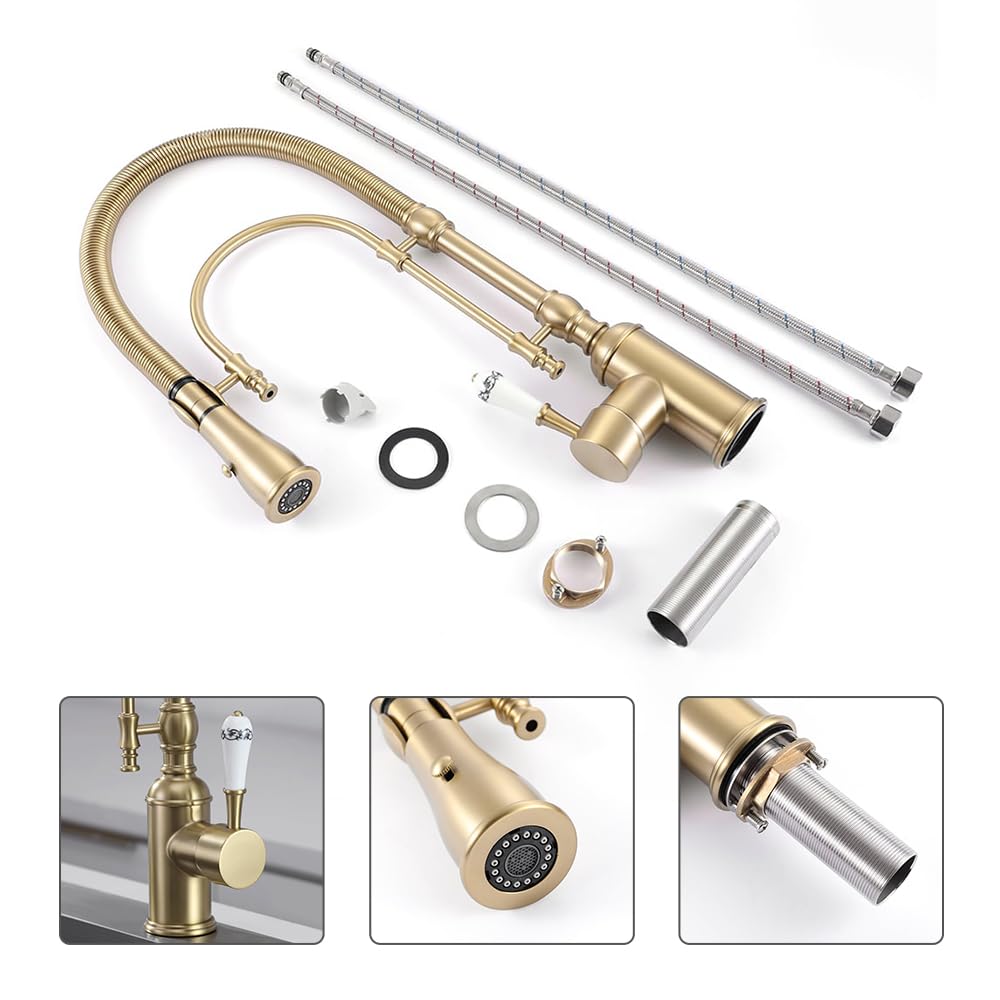 KunMai Kitchen Faucets Brushed Gold Kitchen Sink Faucet with Pull Down Sprayer High Arc Dual-Mode Kitchen Faucet