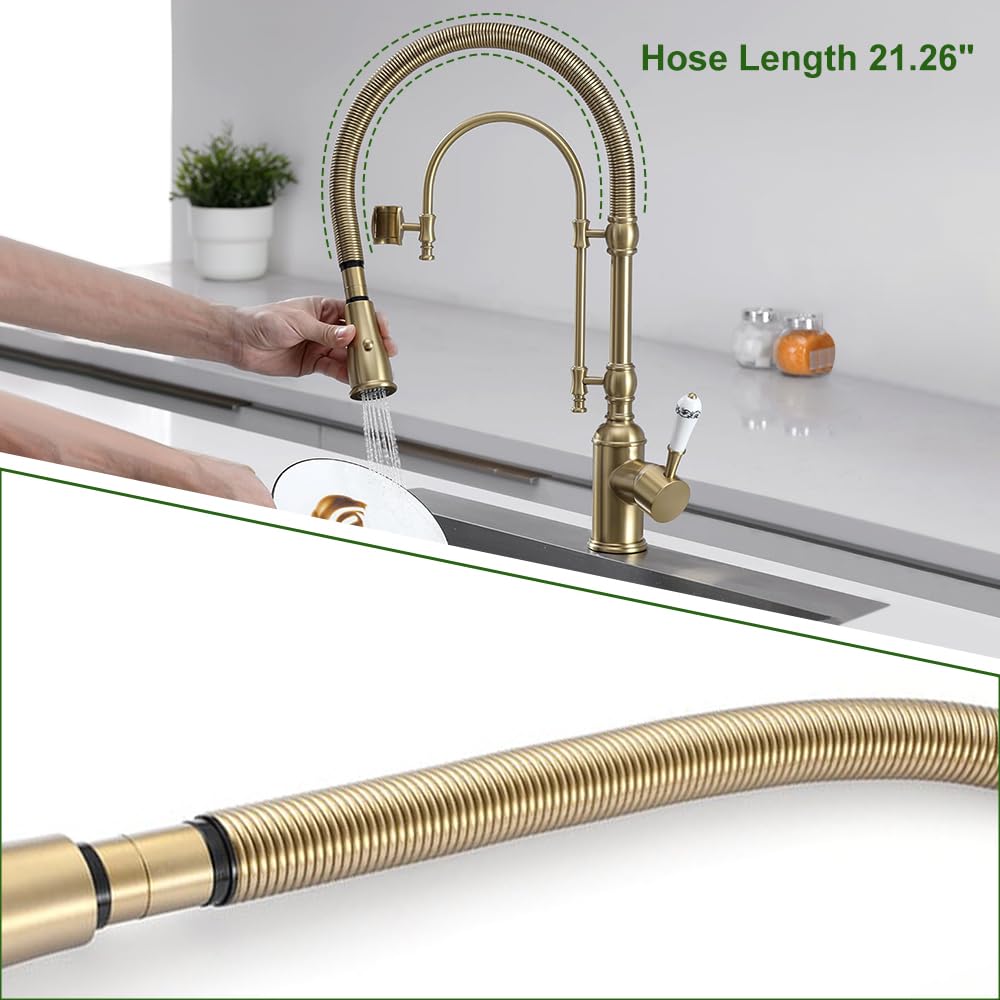 KunMai Kitchen Faucets Brushed Gold Kitchen Sink Faucet with Pull Down Sprayer High Arc Dual-Mode Kitchen Faucet