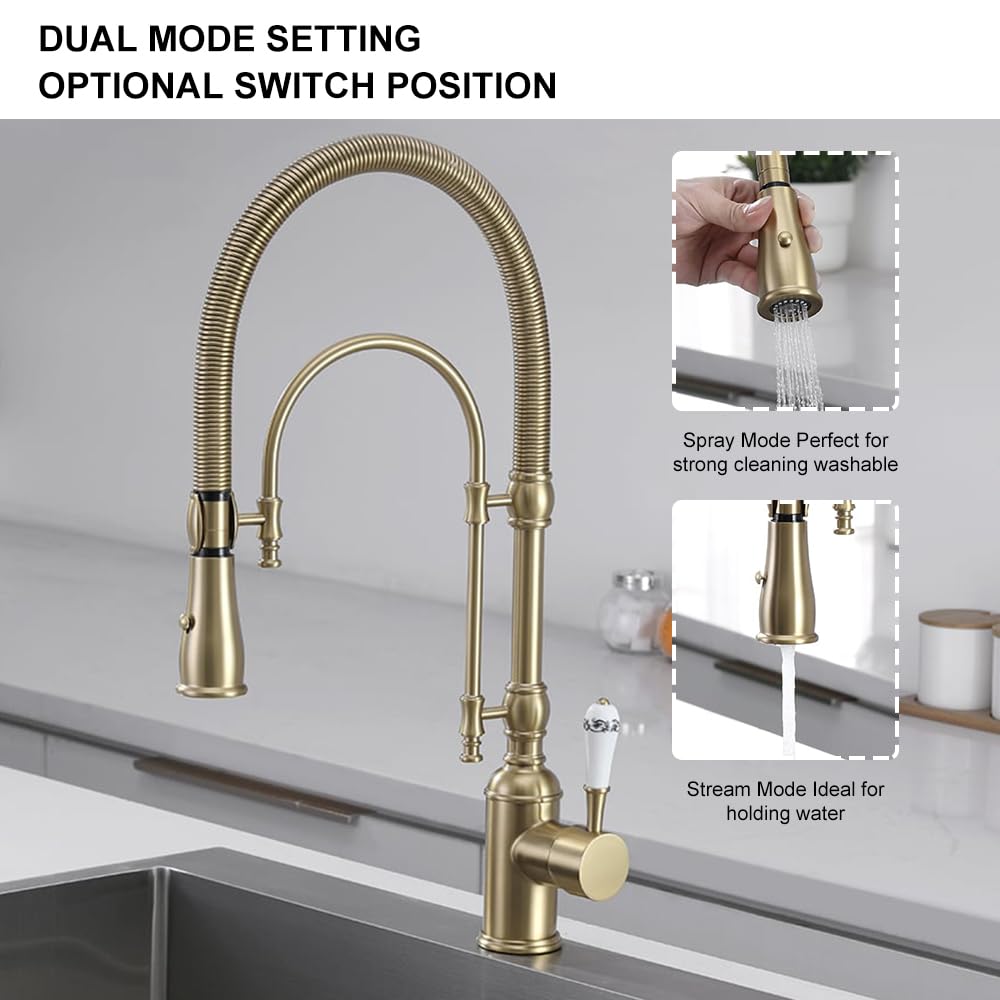 KunMai Kitchen Faucets Brushed Gold Kitchen Sink Faucet with Pull Down Sprayer High Arc Dual-Mode Kitchen Faucet