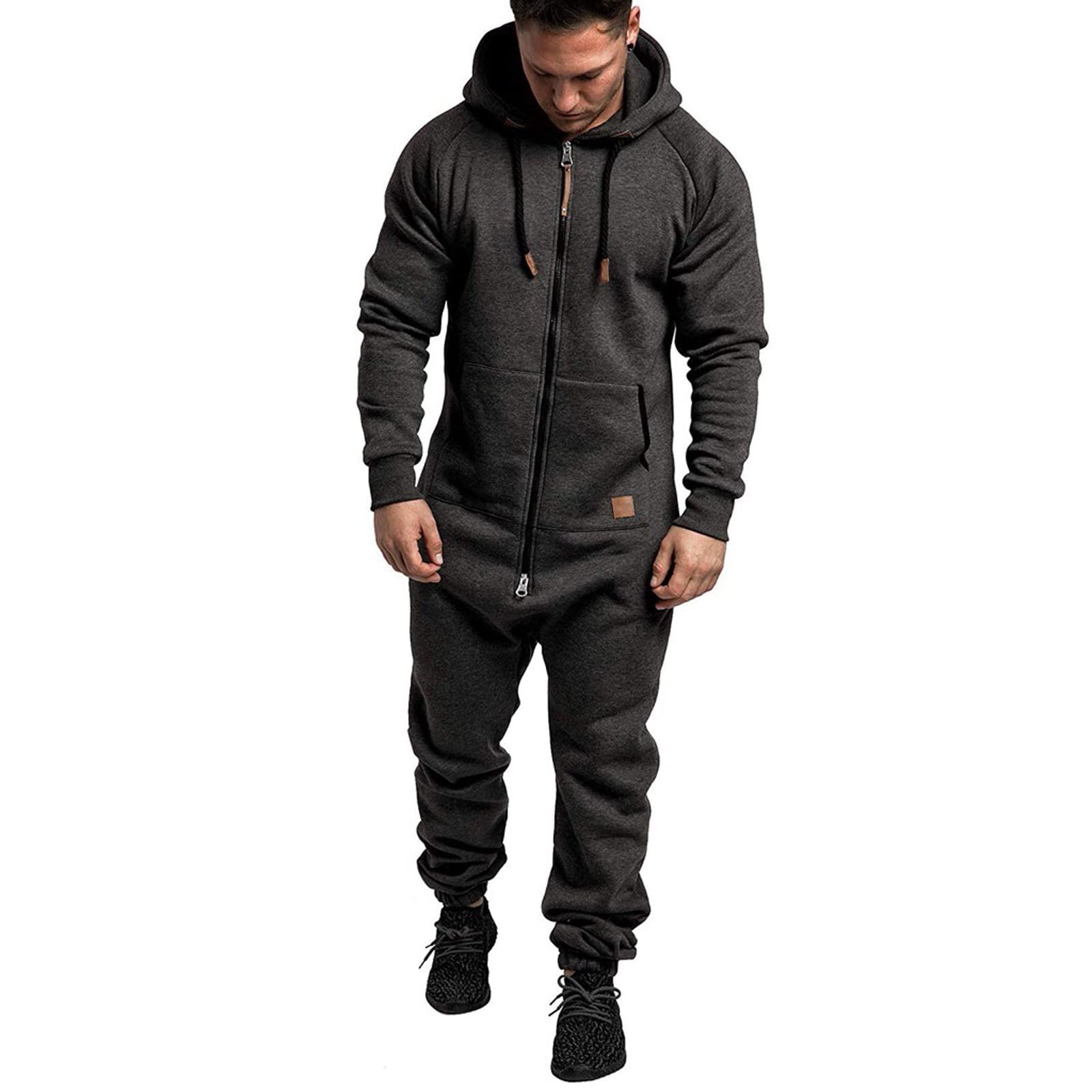 WUAI Onesie Men's Hooded Jumpsuit Zip Up One Piece Pajamas Playsuit Jogger Sweatsuit Overall Romper Dark Gray