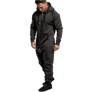 WUAI Onesie Men's Hooded Jumpsuit Zip Up One Piece Pajamas Playsuit Jogger Sweatsuit Overall Romper Dark Gray