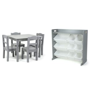 humble crew kids wood table and 4 chair set, grey & inspire toy organizer with shelf and 9 storage bins, grey/white