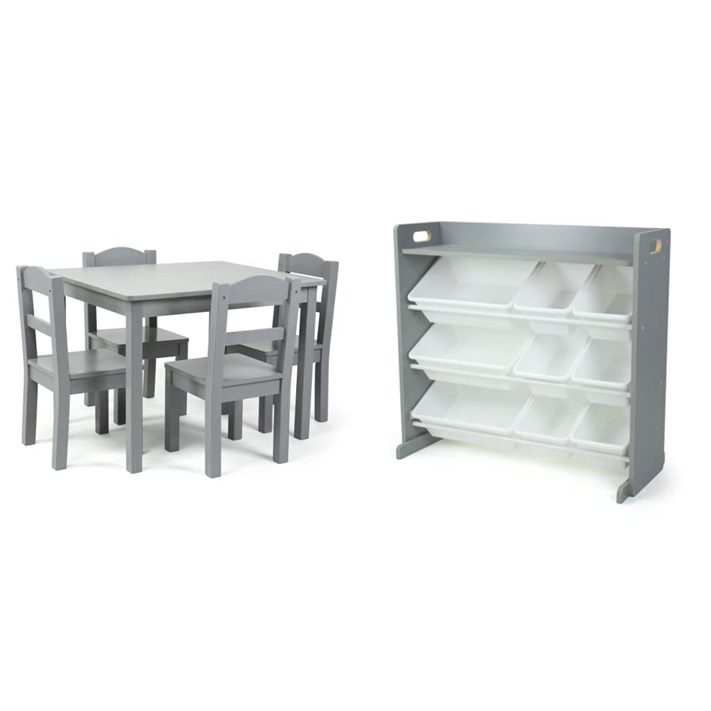 Humble Crew Kids Wood Table and 4 Chair Set, Grey & Inspire Toy Organizer with Shelf and 9 Storage Bins, Grey/White